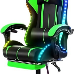 Cadeira Gamer Ergonômica, LED RGB, Reclinável, Giratória 360°, Apoio para Pés, Preta e Verde, 127cm Altura