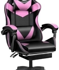 Cadeira Gamer Ergonômica – Reclinável, Apoio de Pés, Altura Ajustável e Giro 360° (Rosa)
