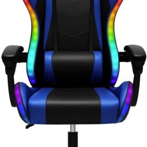 Cadeira Gamer LED, Altura Ajustável, Reclinável, Giratória 360°, Preto e Azul, 127cm