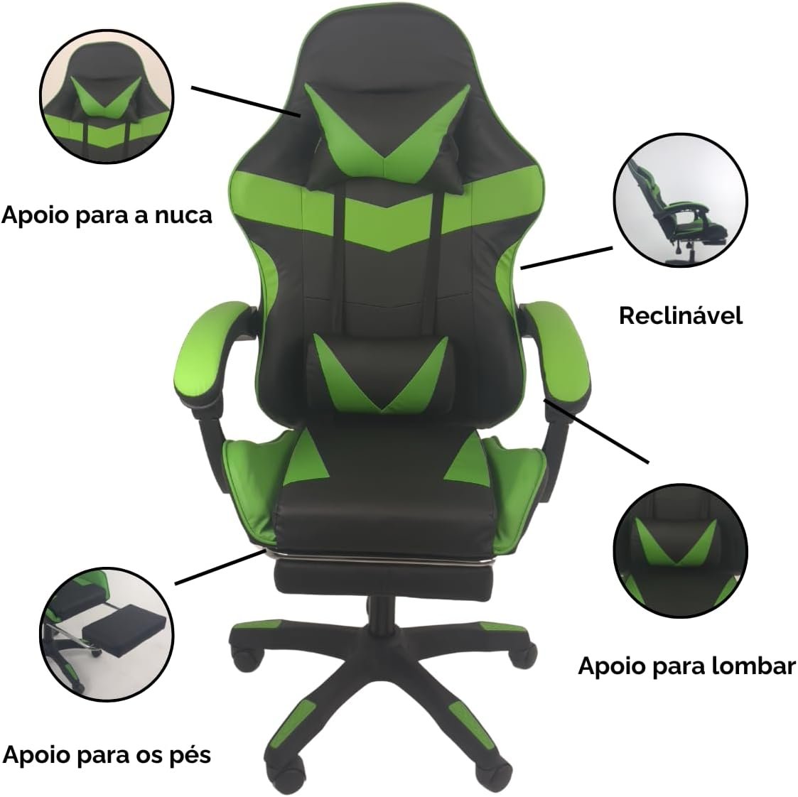 Cadeira Gamer Stillus Ergonômica Com Apoio Para Os Pés - Preto Verde - Imagem 2