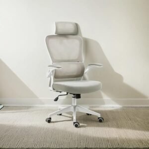 Cadeira de Escritório Presidente Giratória Ergonômica, Com Design Moderno, Estofado Confortável, Apoio Lombar Ajustável, Base Reforçada, Rodízios Silenciosos e Ajuste De Altura (CINZA E BRANCO)