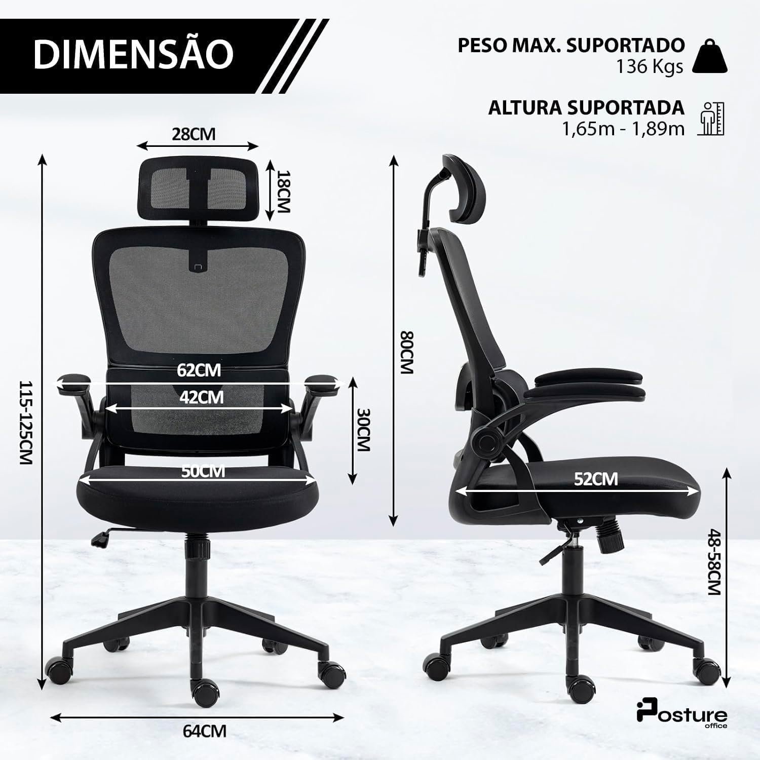 Cadeira de Escritório Presidente Giratória Ergonômica, Com Design Moderno, Estofado Confortável, Apoio Lombar Ajustável, Base Reforçada, Rodízios Silenciosos e Ajuste De Altura (PRETO E BRANCO) - Imagem 2