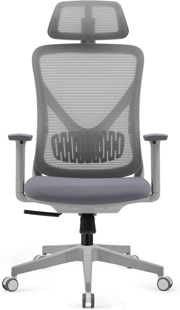 Cadeira de escritório com encosto de cabeça, encosto de malha ergonômica, encosto de cabeça ajustável 2D, apoios de braço 3D, suporte lombar ajustável, almofada de assento grossa (cinza)