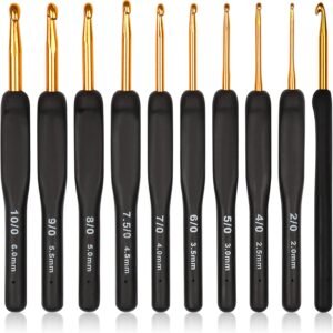Coopay Agulhas de crochê de ouro preto para mãos com artrite, conjunto de agulhas de crochê de 2,0 a 6,0 mm, ganchos ergonômicos macios para tricô para artesanato de fios de crochê, kit de suprimentos de crochê de tricô de alumínio para tricô