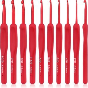 Coopay Conjunto de agulhas de crochê ergonômicas vermelhas, 9 agulhas de crochê de alumínio de toque macio para mãos com artrite, kit de crochê de 2,0 a 6,0 mm para iniciantes/profissionais, suprimentos requintados de crochê de tricô