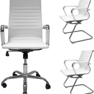 Kit Cadeira de Escritório Presidente Stripes Branca com Regulagem + 2 Cadeiras Fixas Stripes Brancas Charles Eames Conforto Ergonômico e Design Moderno