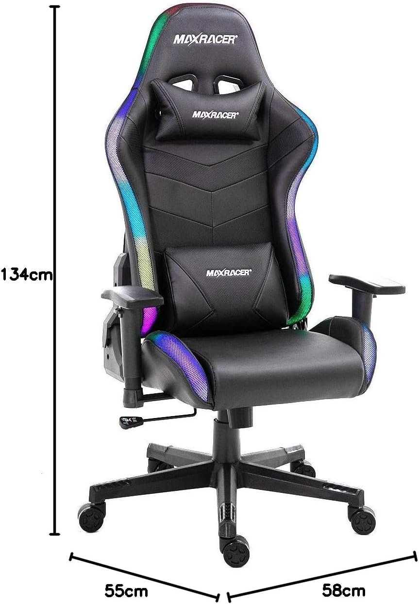 MAX RACER Cadeira Gamer Khroma - Poltronas Gamer de Aço, Cadeira Ergonômica - Assento Luz LED, Suporta 150kg, Braço 2D, Tecido Sintético PVC, Inclinação 135°, Almofada Cervical e Lombar - RGB - Preta - Imagem 2