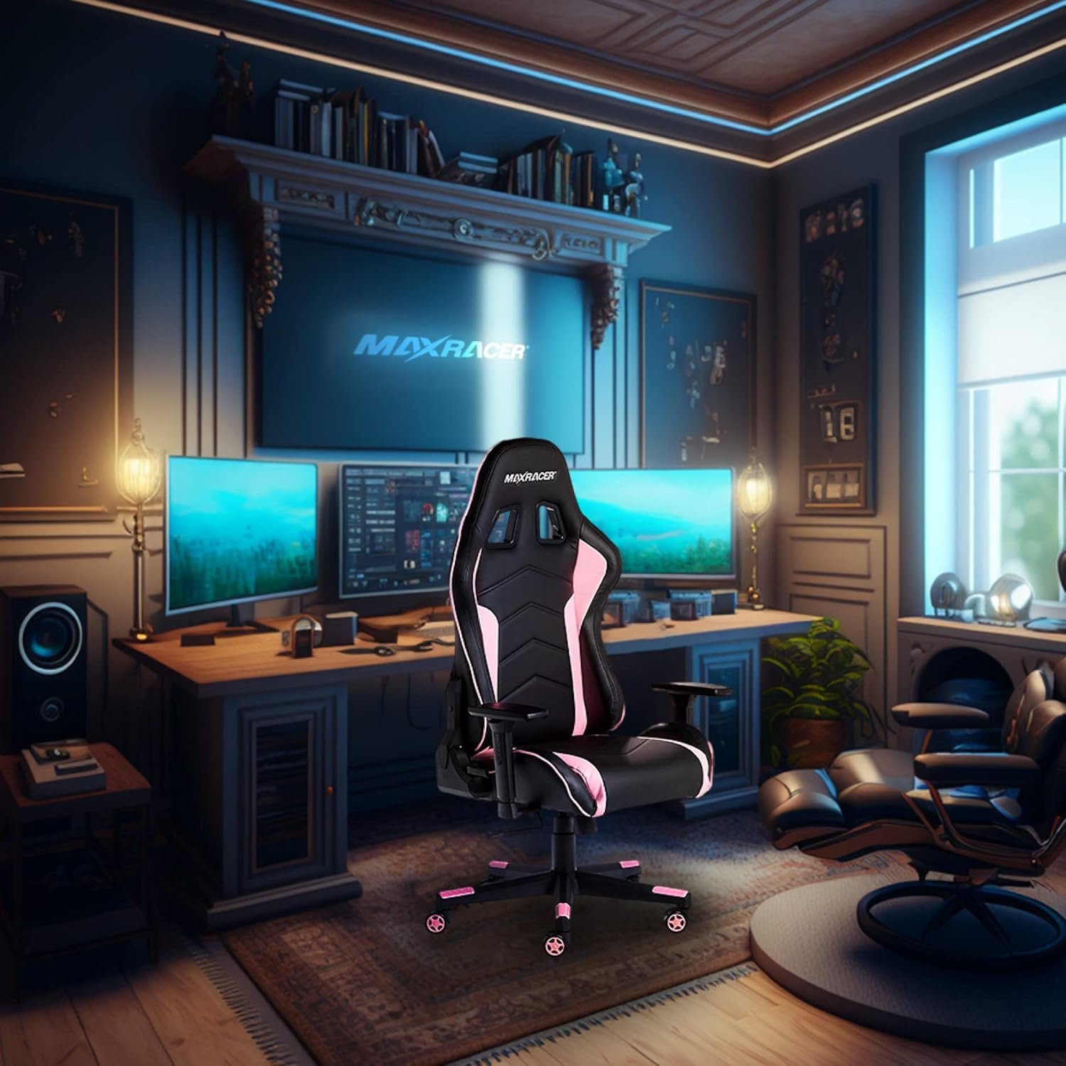 MAX RACER - Cadeira Gamer Tactical - Poltronas Gamer de Aço, Cadeira Ergonômica para Jogos - Até150kg, Braços 3D, Giratória, Tecido Sintético P.U, Inclinação 180°, Almofada Cervical e Lombar - Rosa - Imagem 2