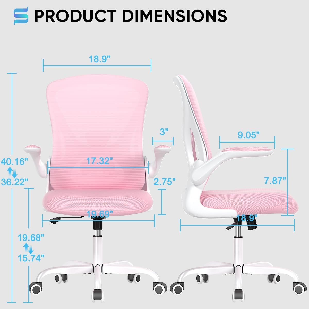 Sytas Cadeira de escritório em casa ergonômica, cadeira de mesa de malha suporte lombar, cadeira ergonômica de computador apoio de braço ajustável (rosa) - Imagem 2