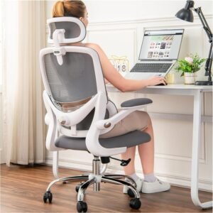 TONFARY Cadeira ergonômica para escritório em casa, cadeira de mesa de malha com encosto alto com suporte lombar ajustável, apoio de braço dobrável, encosto de cabeça removível, cadeira giratória para