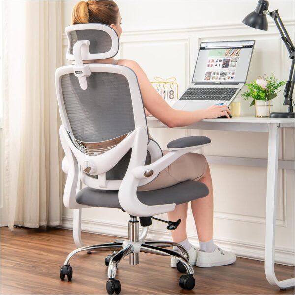 TONFARY Cadeira ergonômica para escritório em casa, cadeira de mesa de malha com encosto alto com suporte lombar ajustável, apoio de braço dobrável, encosto de cabeça removível, cadeira giratória para