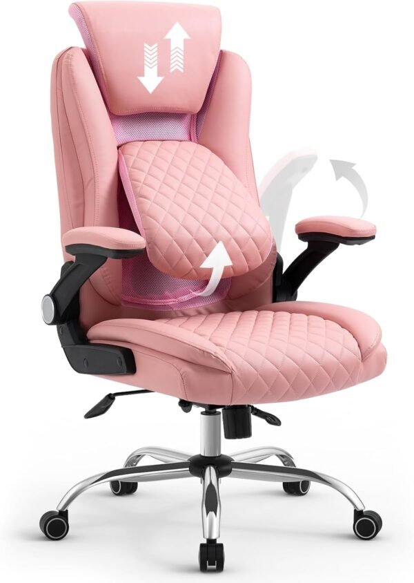 YAMASORO Cadeira Executiva Premium Cadeira Escritorio Presidente Apoio de Cabeça Ajustável e Ângulo do Apoio Lombar Ajustável com Base Cromada, Rosa