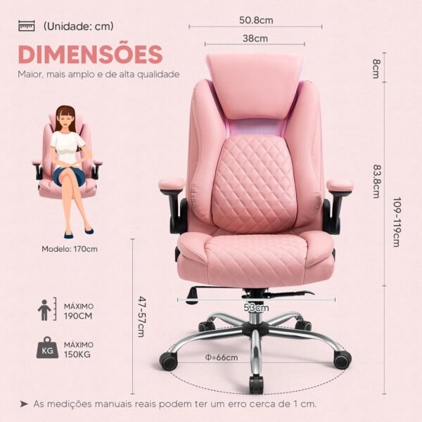 YAMASORO Cadeira Executiva Premium Cadeira Escritorio Presidente Apoio de Cabeça Ajustável e Ângulo do Apoio Lombar Ajustável com Base Cromada, Rosa - Imagem 2