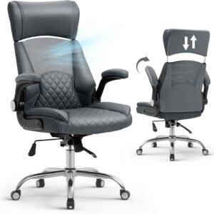 YAMASORO Cadeiras de Escritório em Casa com Encosto Alto e Rodas, Cadeiras de Mesa Confortáveis com Apoio de Cabeça Ergonômico e Apoio de Braço Rebatível Cadeira de Mesa de Computador， Cinza