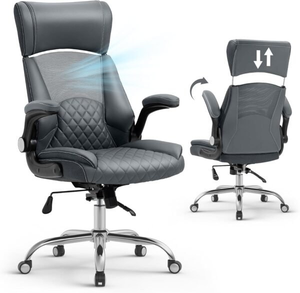 YAMASORO Cadeiras de Escritório em Casa com Encosto Alto e Rodas, Cadeiras de Mesa Confortáveis com Apoio de Cabeça Ergonômico e Apoio de Braço Rebatível Cadeira de Mesa de Computador， Cinza