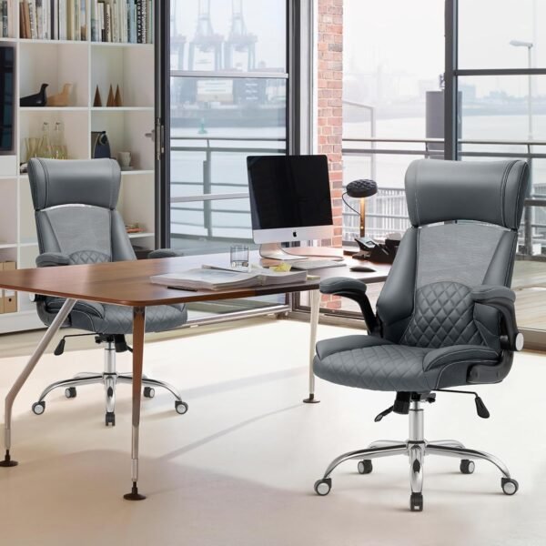 YAMASORO Cadeiras de Escritório em Casa com Encosto Alto e Rodas, Cadeiras de Mesa Confortáveis com Apoio de Cabeça Ergonômico e Apoio de Braço Rebatível Cadeira de Mesa de Computador， Cinza - Imagem 2