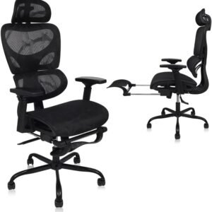 YESOP Cadeira Ergonômica Cadeira Escritorio Suporte de 130 kg com Suporte Lombar Independente, e Encosto de Cabeça Ajustável,e Apoio Retrátil Para Os Pés - Preto