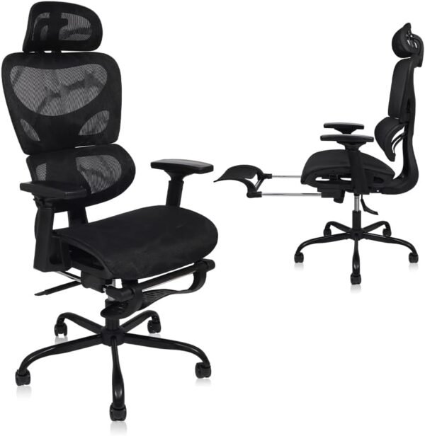 YESOP Cadeira Ergonômica Cadeira Escritorio Suporte de 130 kg com Suporte Lombar Independente, e Encosto de Cabeça Ajustável,e Apoio Retrátil Para Os Pés - Preto
