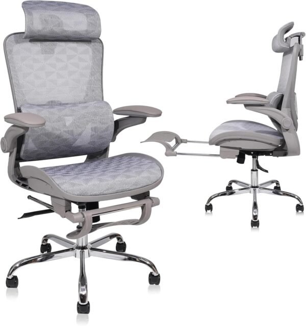 YESOP Cadeira Ergonômica Cadeira Escritorio Suporte de 150 kg com Suporte Lombar Independente, e Encosto de Cabeça Ajustável,e Apoio Retrátil Para Os Pés - Cinza