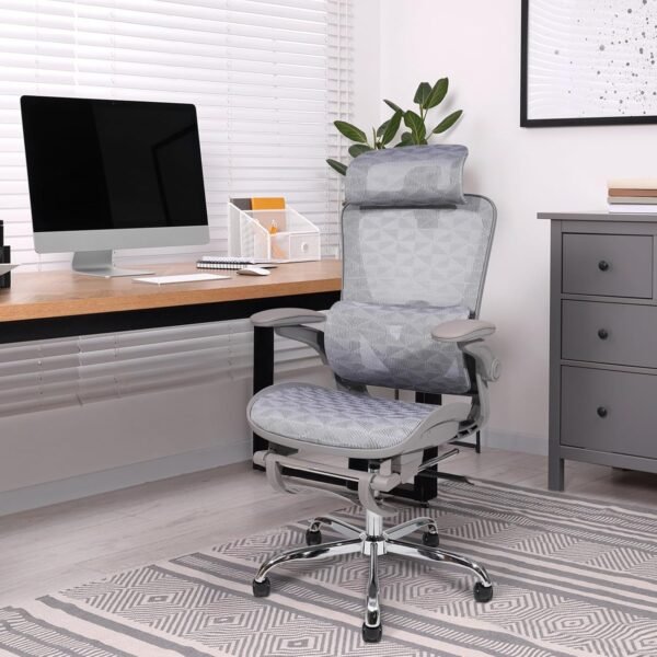 YESOP Cadeira Ergonômica Cadeira Escritorio Suporte de 150 kg com Suporte Lombar Independente, e Encosto de Cabeça Ajustável,e Apoio Retrátil Para Os Pés - Cinza - Imagem 2