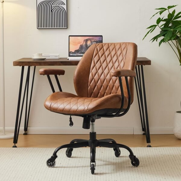 YFO Cadeira de escritório ergonômica com suporte lombar, giratória, altura ajustável, para tarefas executivas, em couro marrom tecido, adequada para escritório e home office