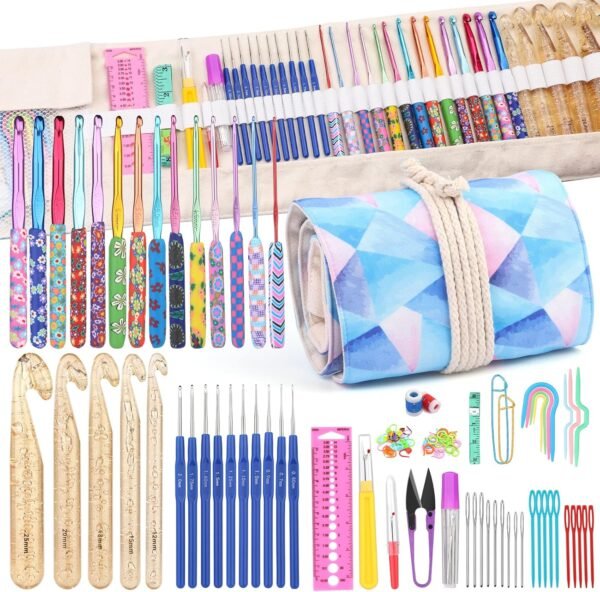 Zlulary Conjunto de 116 agulhas de crochê, kits ergonômicos de agulhas de crochê com bolsa de armazenamento e acessórios de agulhas de crochê, kit de agulhas de crochê DIY para iniciantes e amantes