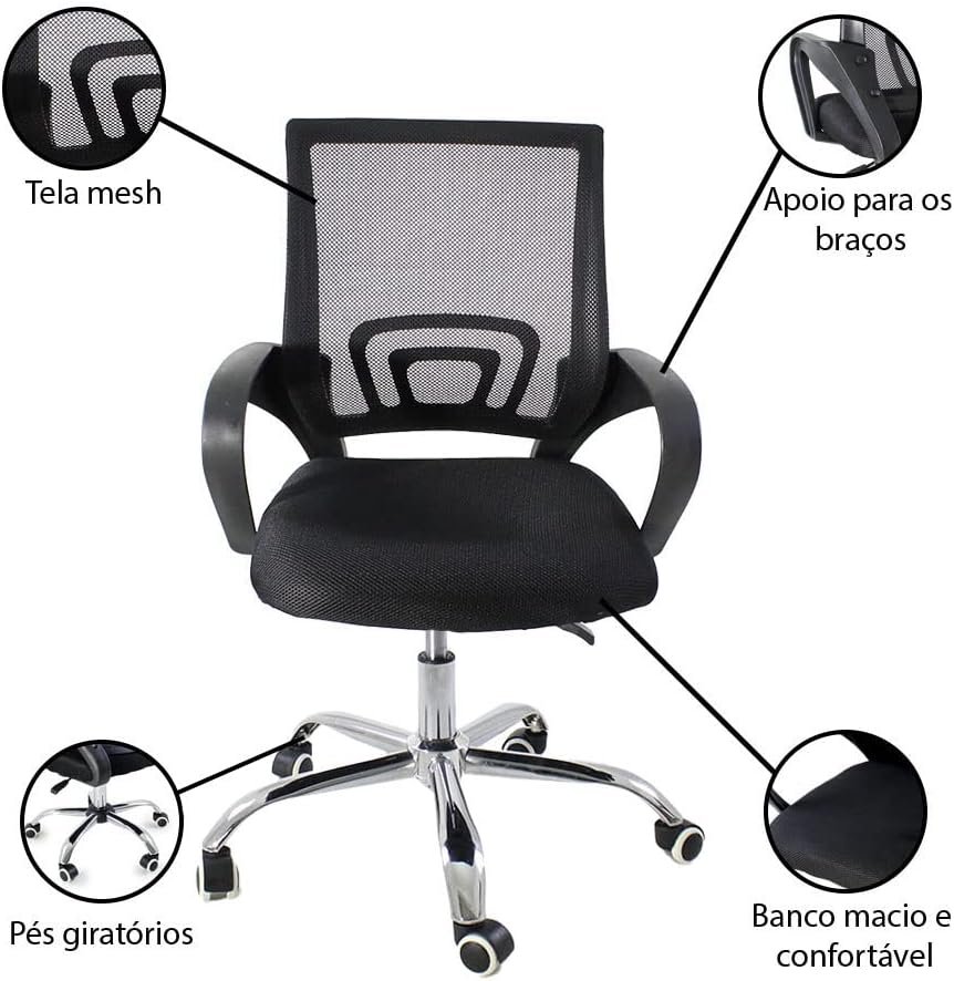 Kit 3 Cadeiras de Escritorio Begonia Tela Mesh Ergonomico - Preto - Imagem 3