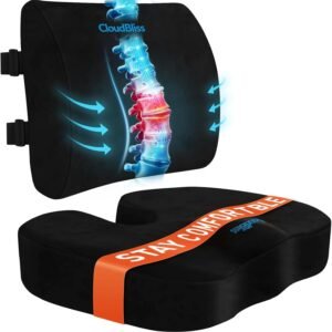Almofada de assento e suporte de lombar CloudBliss para cadeira de escritório, assento de carro, de espuma viscoelástica, para alício da dor no cóccix e dor ciática – preta