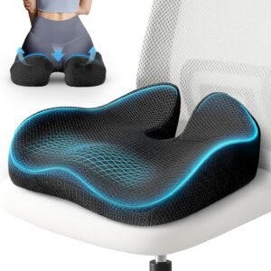 Almofada extra grande para cadeira de escritório, 48 cm x 43 cm, almofada ergonômica de espuma viscoelástica para alívio da dor no cóccix, costas, ciática e quadril, almofada de reforço para sentar e