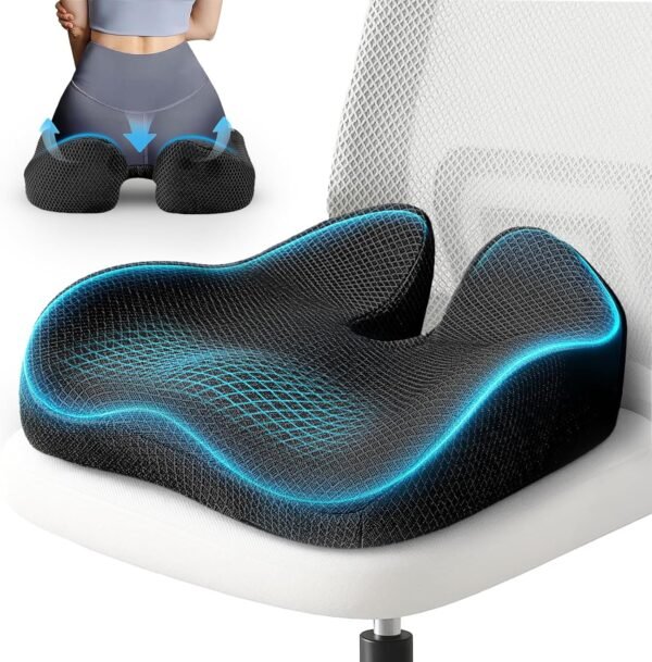 Almofada extra grande para cadeira de escritório, 48 cm x 43 cm, almofada ergonômica de espuma viscoelástica para alívio da dor no cóccix, costas, ciática e quadril, almofada de reforço para sentar e