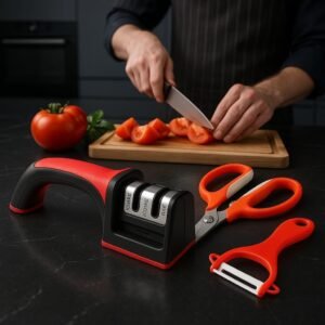 Amolador Afiador de Facas, kit 3 em 1 com Tesoura Multifuncional e Descascador Ergonômico | Praticidade e Eficiência no Preparo dos Alimentos