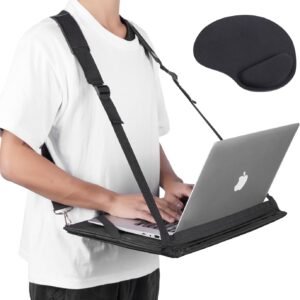 Arnês para notebook, mesa portátil para notebook de até 17 polegadas, alça para caminhada, tablet, Notepad, MacBook, suporte para notebook com alças ajustáveis, com mouse pad de espuma viscoelástica
