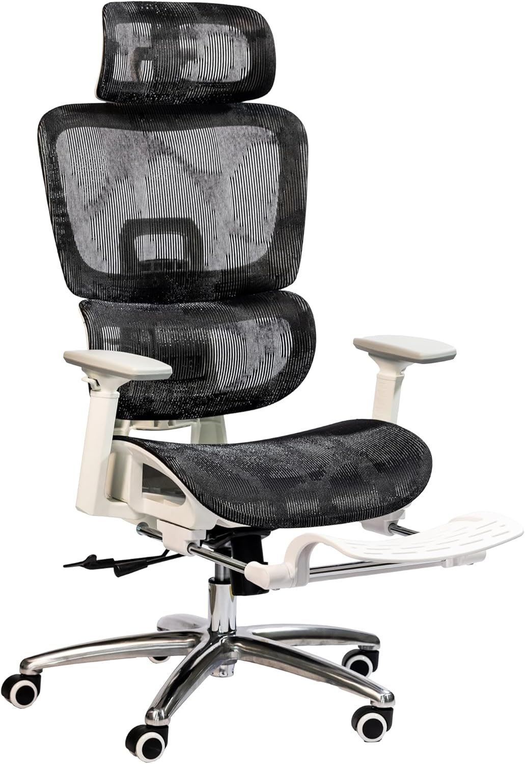 Cadeira de Escritório Ergonômica com Estofado de Mesh, Regulagem de Altura, Apoio Lombar Ajustável, Base Giratória em Aço Cromado, Braços Acolchoados, Rodízios Silenciosos (Preto C/Branco) - Imagem 2