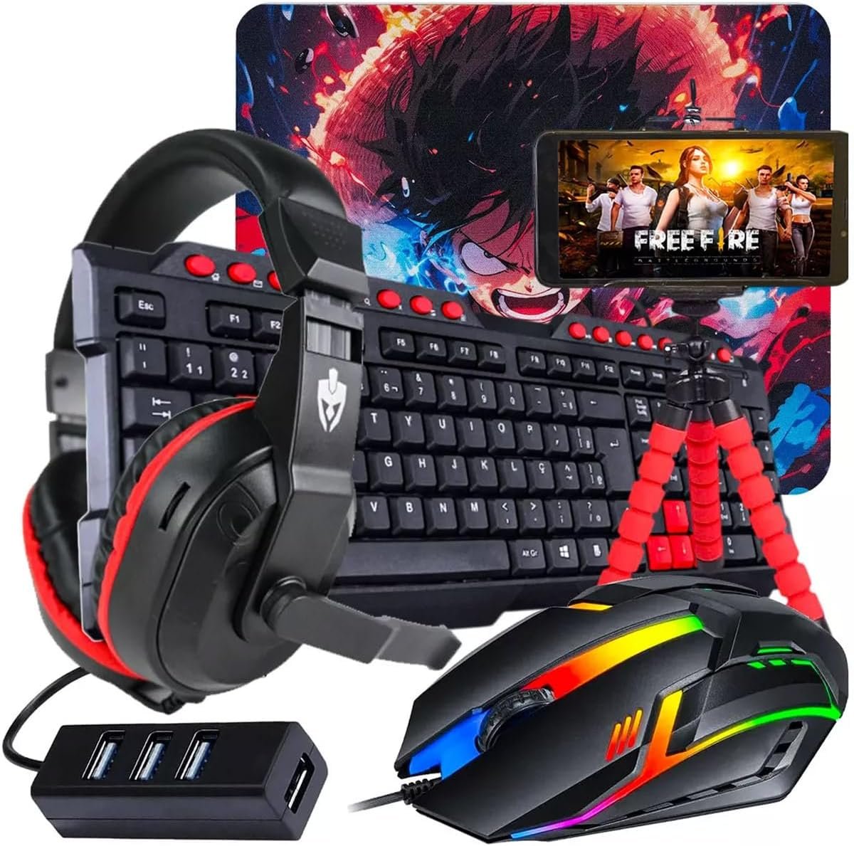 Kit Mobilador GaMer Completo Com Headset + Mouse Led 1600 Dpi + Teclado Para Jogos Vermelho (MICRO USB V8)