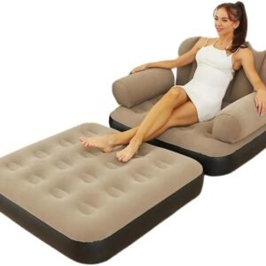 Poltrona Inflável Sofá-Cama com Puff e Bomba – PVC Flocado Reforçado, Design Dobrável e Ergonômico – Ideal para Casa, Camping, Praia ou Viagem – Suporta até 100kg