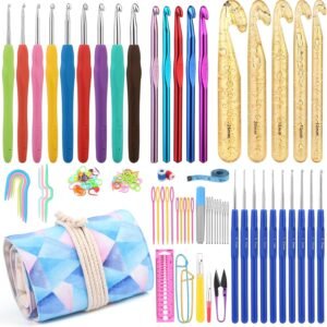 Zlulary Kit de agulhas de crochê com 116 peças, kit de crochê para iniciantes, conjunto de agulhas de crochê ergonômicas com bolsa de armazenamento, acessórios grandes de agulha de crochê e marcador de ponto para iniciantes